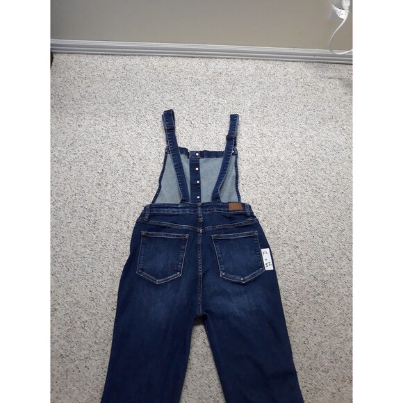 XL Judy Blue Dark Wash Bib Overalls Flare Raw Hem - Picture 6 of 9